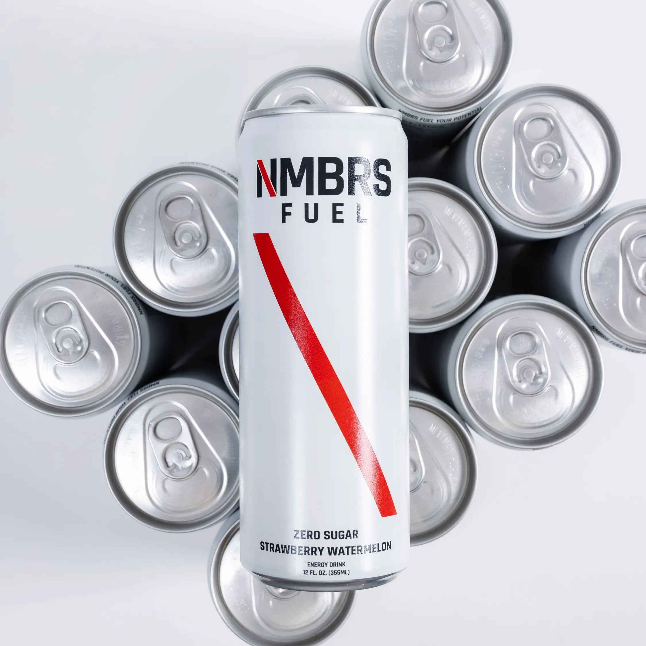 NIMBRS FUEL energy drink can surrounded by silver cans on a light gray background